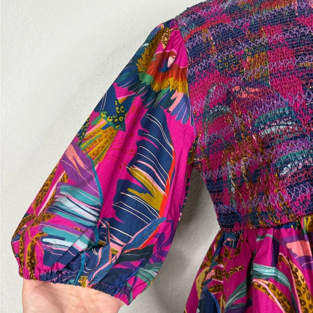 NWT FARM Rio Rainbow Macaws Smocked Puff Sleeve Midi Dress Tropical Resortwear - Picture 6 of 11